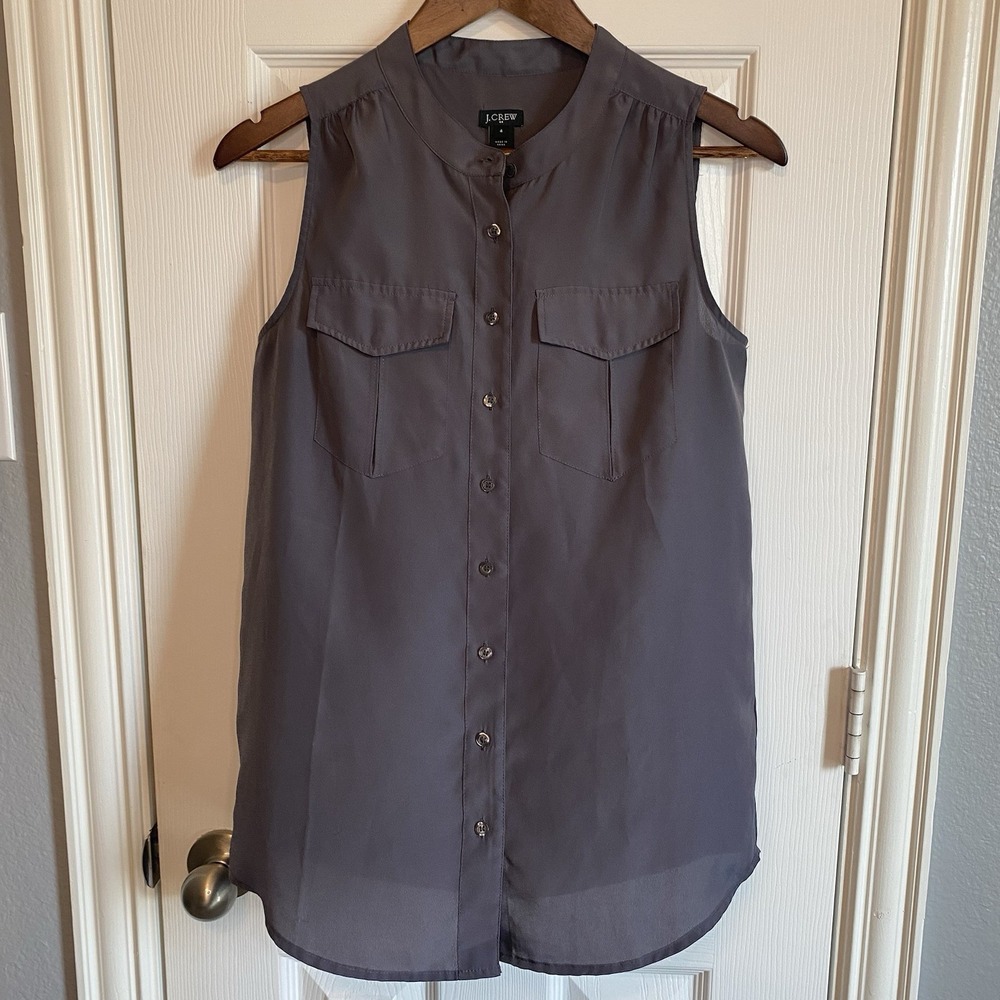 J.Crew Shirt Women's 4 Button Front Blouse Tunic Tank Sleeveless Gray